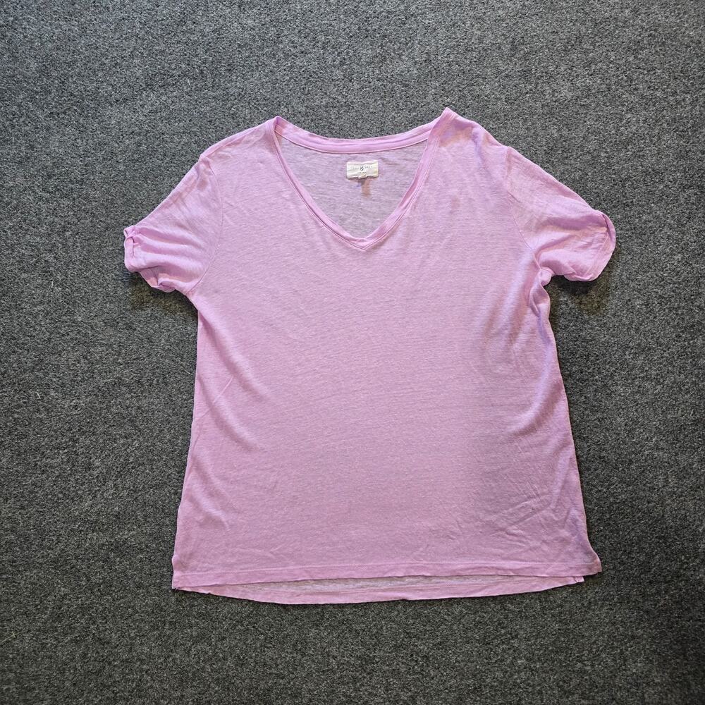 Lou Grey Top Womens Size Medium Pink Linen Cuffed Short Sleeves V Neck Capsule